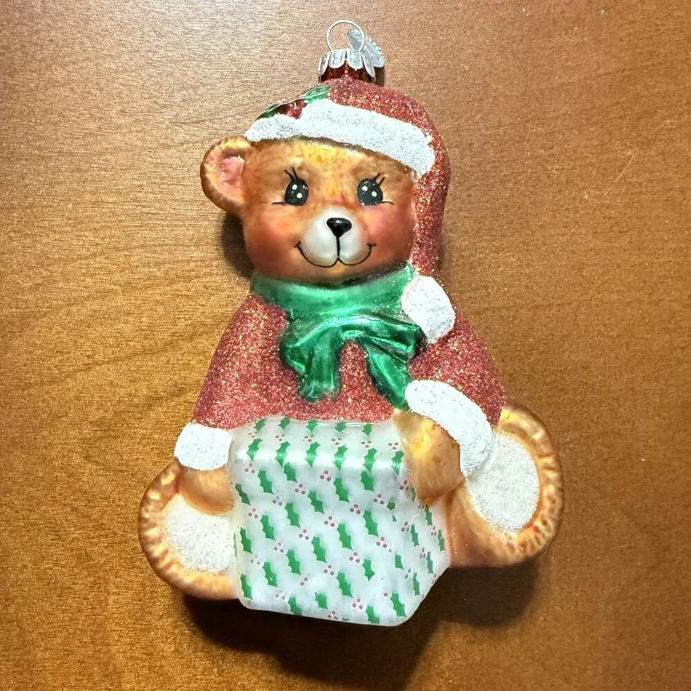 Christopher Radko Teddy Bear Christmas Ornament‎ Retro Glass Red Green Glitter